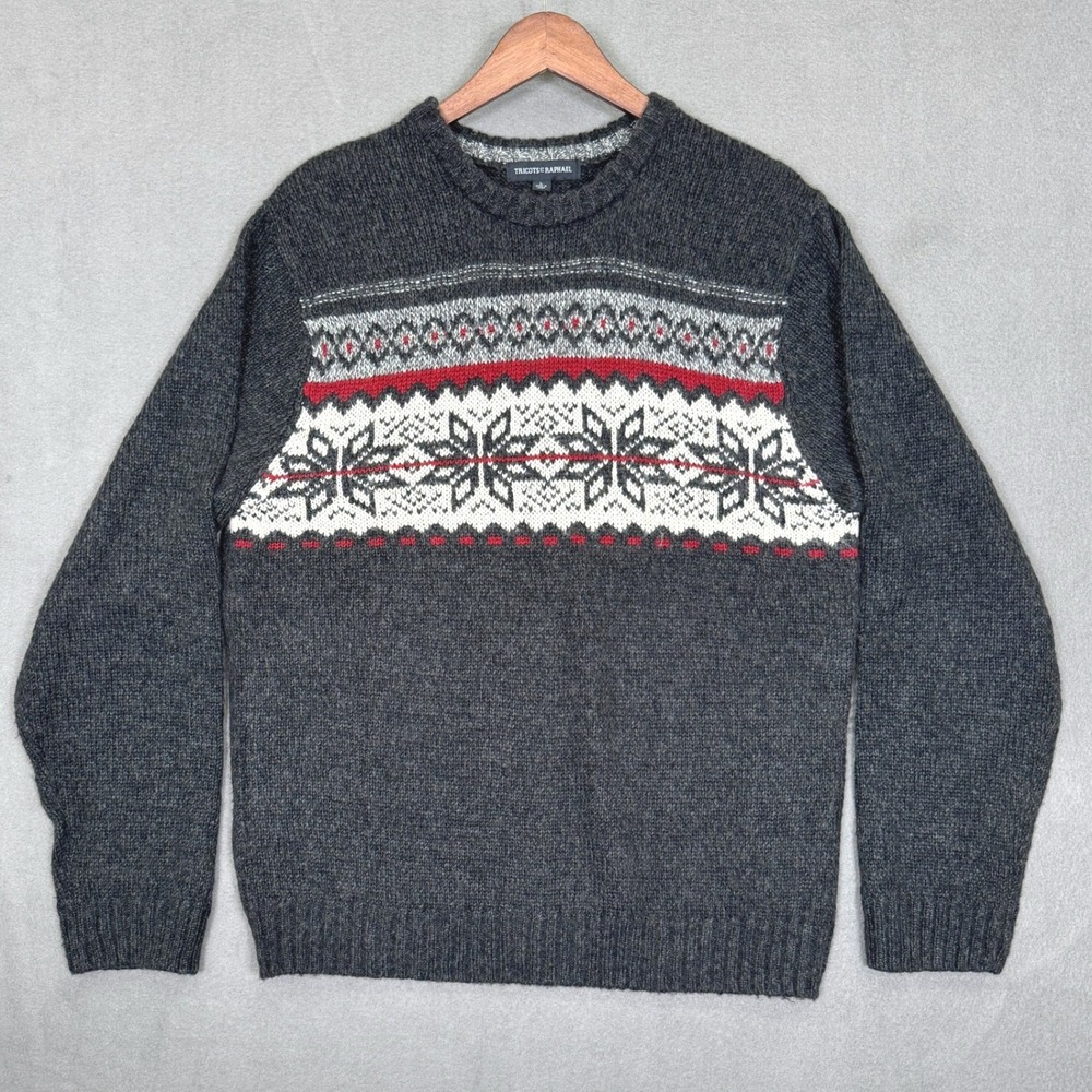 Tricots St Raphael Sweater Men L Charcoal Fair Isle Snowflake Knit Pullover Top
